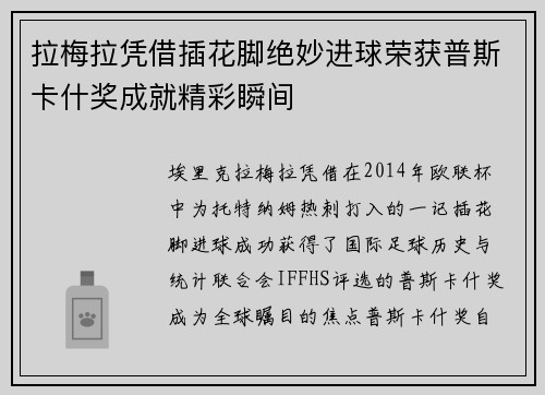 拉梅拉凭借插花脚绝妙进球荣获普斯卡什奖成就精彩瞬间